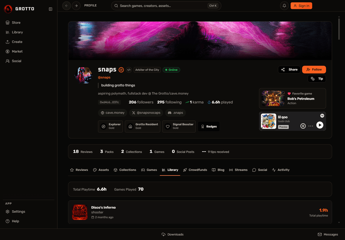 A public Grotto profile displayed inside the desktop app.