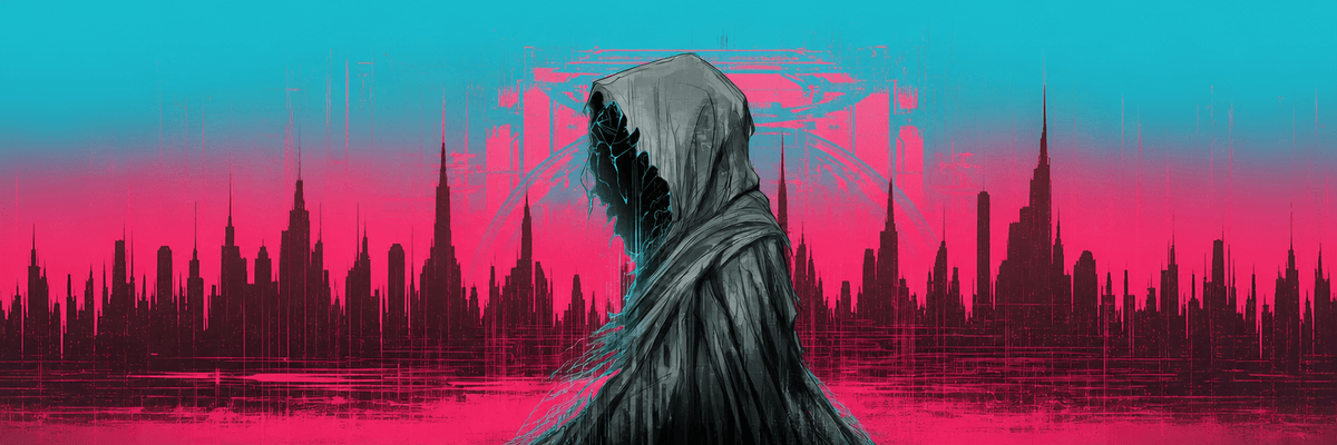A hooded figure in front of a wide pink and cyan skyline