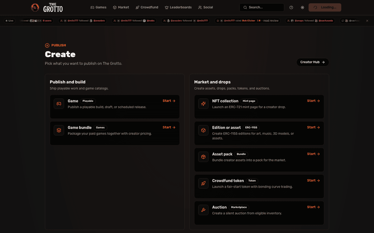 The Grotto Create hub showing grouped creator actions for publishing games, launching market items, and creating community content.