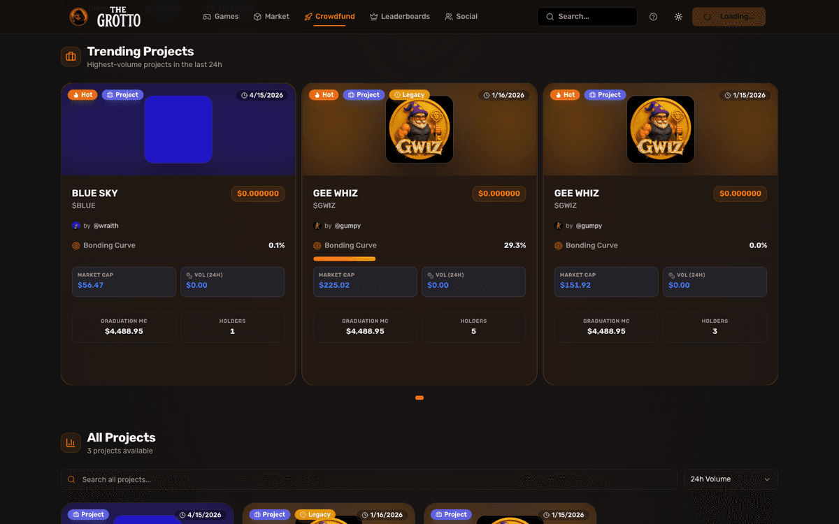 Crowdfund token discovery page with token cards, volume-oriented metrics, and visible token rows.