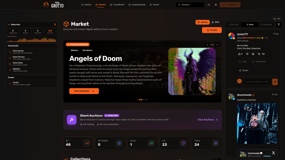 A wide desktop Grotto page with persistent utility and social rails beside the central content.